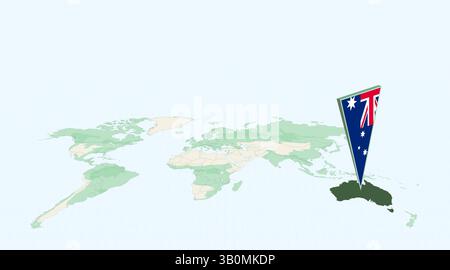 Highlighted Australia on Global Map with 3D Flag Location Pin of Australia. The image symbolizes travel, geography, international identity, and global Stock Vector