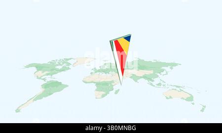 Highlighted Seychelles on Global Map with 3D Flag Location Pin of Seychelles. The image symbolizes travel, geography, international identity, and glob Stock Vector