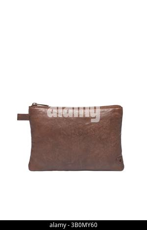 closeup of a brown leather pouch with a zipper, ideal for cosmetics or small personal items the simple, elegant design is shown isolated on white Stock Photo