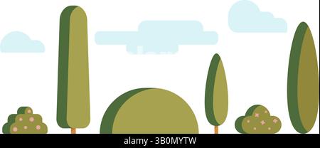 Set of trees and bushes with flowers and sky clouds. Tuscany summer cypress. Simple isolated flat clip art for landscaping or graphic design. Stock Vector