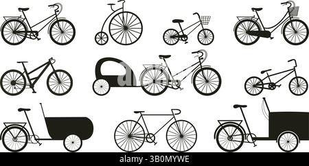 Bicycle set of black silhouette elements and icons. Retro, children's, mountain, cargo and city bikes in simple flat style Stock Vector