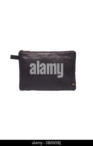 frontfacing, full studio shot features a minimalist black leather zipper pouch the bag is isolated on a crisp white background, showcasing its clean a Stock Photo