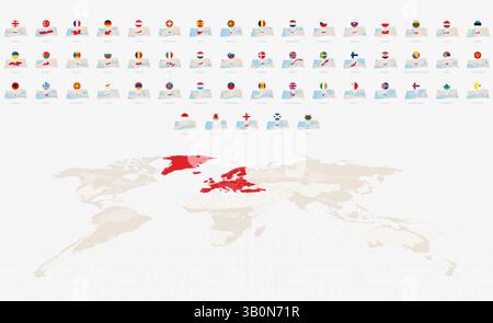 National Flags and Folded Paper Maps of Europe, Complete Collection of Map and Flag. Stock Vector