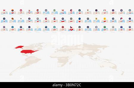 National Flags and Folded Paper Maps of US State, Complete Collection of Map and Flag. Stock Vector