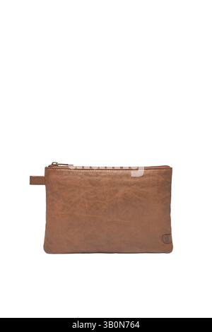 a minimalist brown leather zipper pouch bag is presented in a studio shot isolated on a white background, the accessory exudes simplicity and elegance Stock Photo