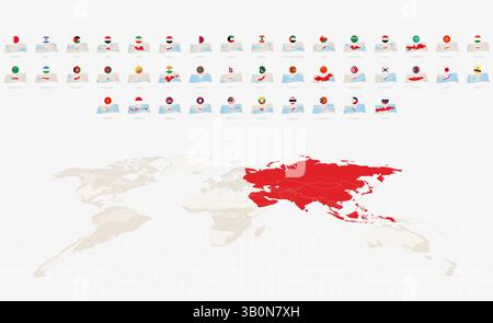 National Flags and Folded Paper Maps of Asia, Complete Collection of Map and Flag. Stock Vector