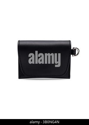 sleek black leather cardholder wallet presented against a white backdrop features a subtle silver ring detail, ideal for carrying cards or cash in a m Stock Photo