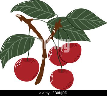 Illustration of Red Cherries and Green Leaves on a Tree Branch Stock Vector