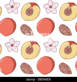 Seamless Pattern of Peaches, Flowers, and Seeds with a Hand-Drawn Design Stock Vector