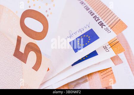 Close-up of a European Union banknote of 50 EUROS. The euro is the official currency of 19 of the 27 member states of the European Union. This group o Stock Photo
