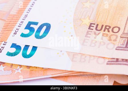 Close-up of a European Union banknote of 50 EUROS. The euro is the official currency of 19 of the 27 member states of the European Union. This group o Stock Photo