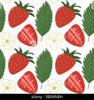 Seamless Pattern Featuring Strawberries, Leaves, and Flowers in Vibrant Colors Stock Vector