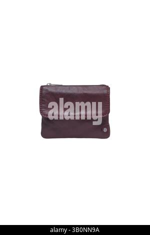 close up of a small reddish brown leather wallet or purse on a white background it features a simple, minimalist design and is suitable for carrying m Stock Photo