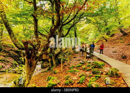 Hikers on the Faedo de Ciñera route in early autumn. Ciñera, La Pola de Gordón, León, Castilla y León, Spain, Europe Stock Photo