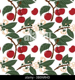 Seamless Pattern of Red Cherries with Leaves and Blossoms Illustration Stock Vector