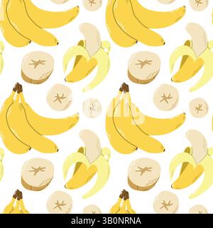 Bright Banana Pattern With Whole, Peeled, and Sliced Banana Illustrations Stock Vector