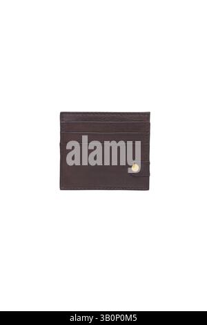 high angle studio shot of an elegant brown leather card holder with a snap button closure it offers a minimalist style and convenient organization for Stock Photo