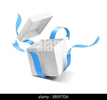 White open empty gift box with flying lid and blue ribbon isolated on a white background. Stock Photo