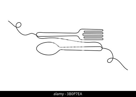 Knife and fork continuous one line drawing of minimalist outline vector icon Stock Vector