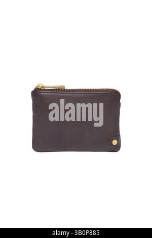 a brown leather coin purse is displayed on a white background, featuring a gold zipper and a small gold button detail the studio shot emphasizes its t Stock Photo