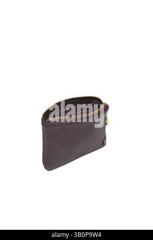 a dark brown leather coin purse stands open, revealing its inner compartment and gold zipper isolated against a crisp white background, this purse exu Stock Photo
