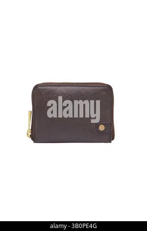 a close up studio shot depicts a brown leather zip around wallet isolated on a white background this stylish accessory is perfect for personal finance Stock Photo