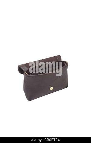 a brown leather clutch bag is showcased open, revealing its interior its fold over flap and gold clasp adds a touch of elegant simplicity Stock Photo