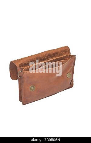 interior view of an open, rustic brown leather clutch bag with magnetic snap closures features internal pockets and detailing with neutral lighting an Stock Photo