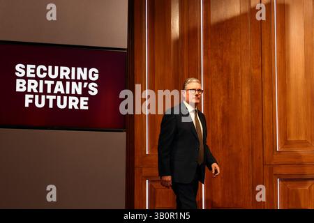 LONDON, ENGLAND, UK - 11 April 2025 - UK Prime Minister Sir Keir Starmer delivers statement to the media on the future of British Steel from Downing S Stock Photo