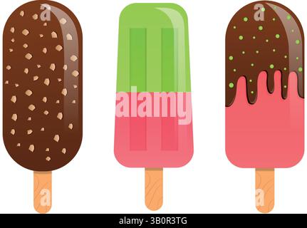 Isolated set of ice creams on a stick. Vector illustration. Stock Vector