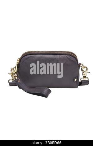 a stylish black leather wristlet wallet is presented with elegant gold hardware its a fashionable and functional accessory, perfectly isolated on a wh Stock Photo
