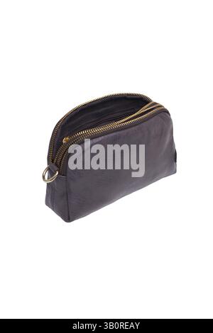 closeup studio shot showcasing a stylish black leather clutch with double zipper closure the fashionable accessory is isolated on a clean white backgr Stock Photo