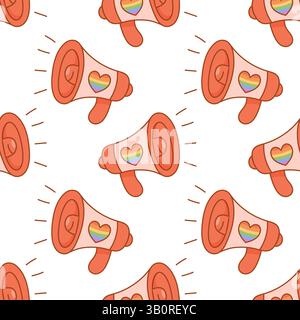 Colorful pattern featuring megaphones with rainbow hearts. Represents LGBTQ pride, voice, support and advocacy. Stock Vector