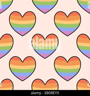 Seamless pride-themed pattern with colorful rainbow hearts on soft pink background. Ideal for LGBT celebration design. Stock Vector