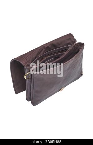 a sophisticated brown leather shoulder bag is presented with its interior pockets and details visible, set against a clean white backdrop Stock Photo