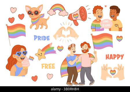 Digital LGBT-themed sticker collection with rainbow icons, flags, couples, hands and megaphones. Concept of love and pride. Stock Vector