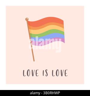 LGBTQ themed square postcard with rainbow flag and handwritten “Love is Love” slogan on soft pastel background. Stock Vector