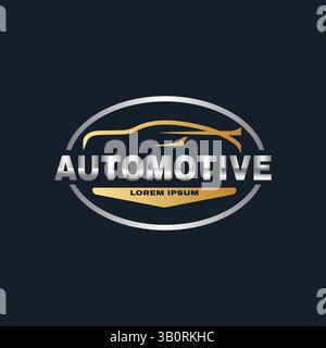 Automotive Logo with Gold and Silver Line Car Illustration Premium Emblem Design Stock Vector