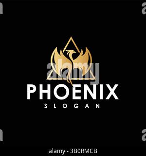 Golden Phoenix Bird in Flight with Triangle Phoenix Bird Logo Design Black Background Stock Vector