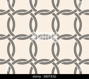 Black line interwined circles seamless pattern on beige background. Repeating beige pattern. Stock Vector