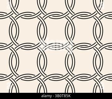 Black line interwined circles seamless pattern on beige background. Repeating beige pattern. Stock Vector