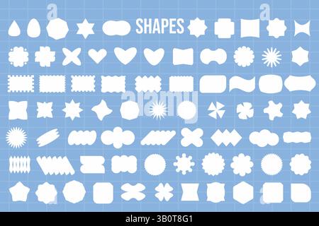 Diverse Geometric Shapes Collection on Blue Grid Brutalist shapes for swiss minimal style design. Constructor of trendy geometric postmodern primitive Stock Vector