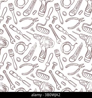 Seamless pattern with repair tools in line art style. Background with drill, Paint Roller, Tape Measure, Wire Cutter, Utility Knife, Wrench. Design Stock Vector