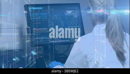 Image of data processing over female caucasian scientist using computer Stock Photo
