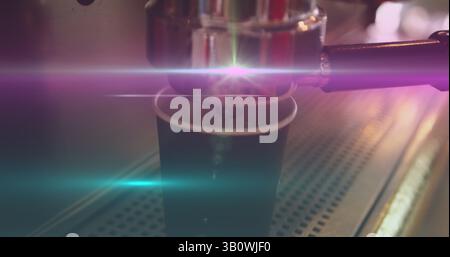 Image of light spots over biracial man preparing coffee in cafe Stock Photo