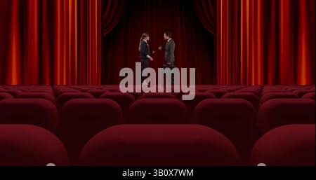 Image of red curtain opening in theater and caucasian female and male actors Stock Photo