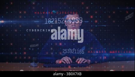Image of computer writings, numbers and caucasian male programmer on black background Stock Photo