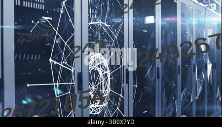 Image of network of connections and numbers changing over computer servers Stock Photo