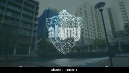 Image of security shield over cityscape Stock Photo