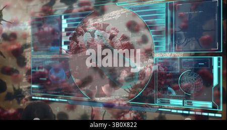 Displaying 3D coronavirus particle spinning in digital interface, with HUD frame and data panels Stock Photo